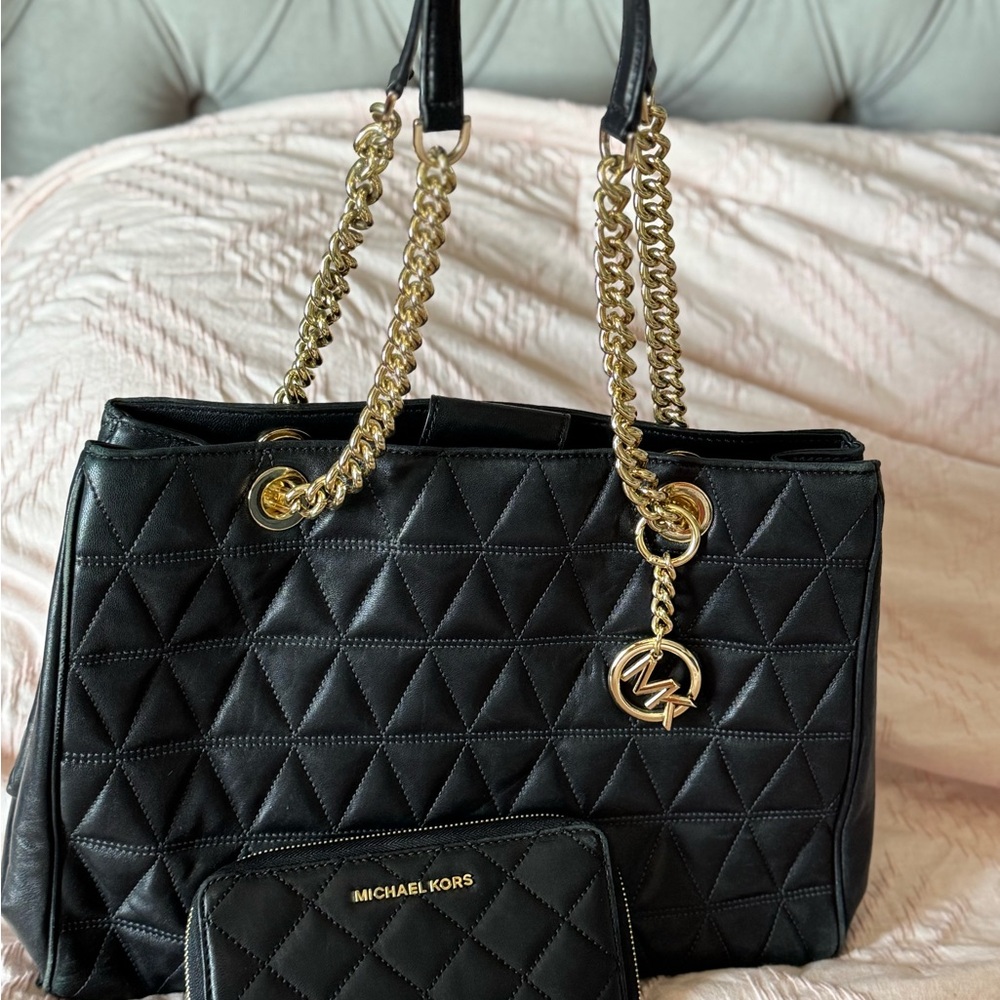 Michael Kors Black Quilted Leather Handbag & Matching Wallet Gently Used